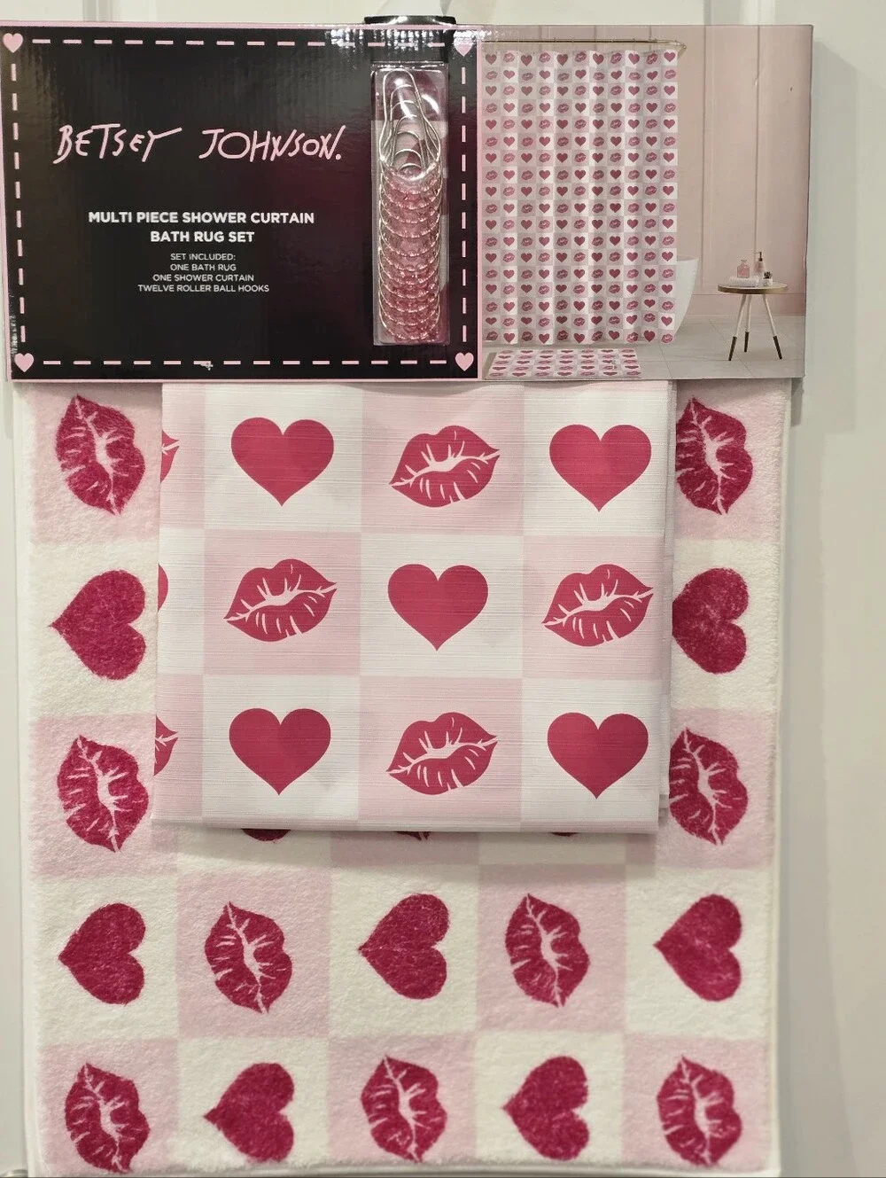 Betsey Johnson Heart & Kiss Pattern Multi-Piece Shower Curtain & Bath Rug Set